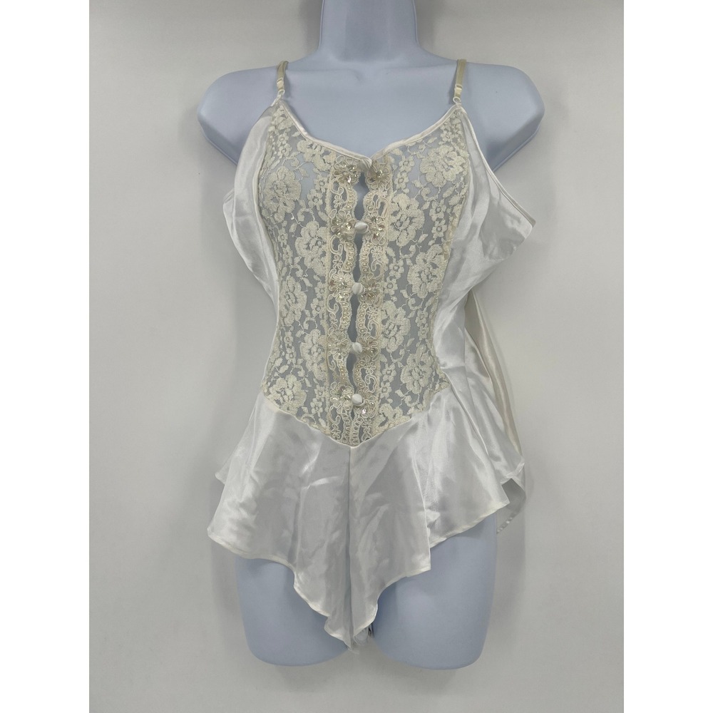 Vintage NWT Cacique Size M White Satin Floral Lace Sequin Ruffle Teddy Bodysuit
